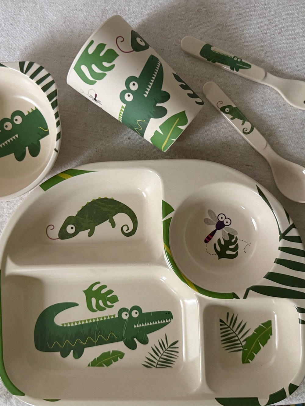 Kids Jungle Animal Divided Plate & Utensil Set - Green